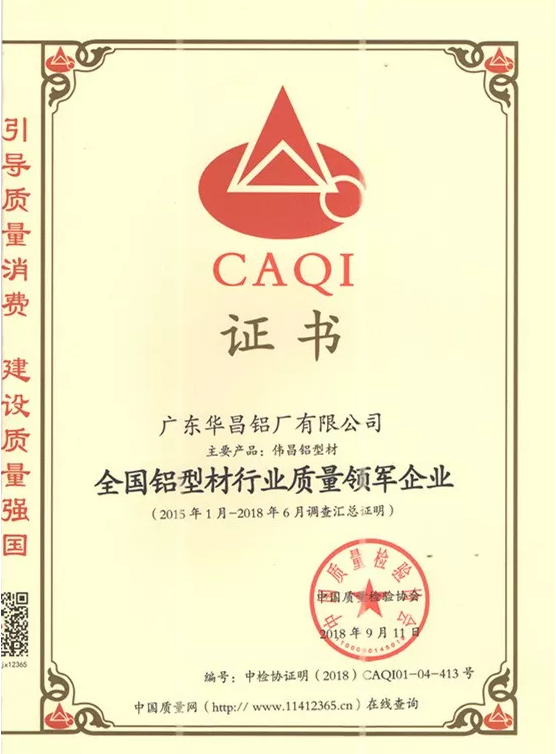 華昌榮譽 | 質(zhì)量創(chuàng)名牌，華昌鋁業(yè)被授予“全國鋁型材行業(yè)質(zhì)量領軍企業(yè)”稱號